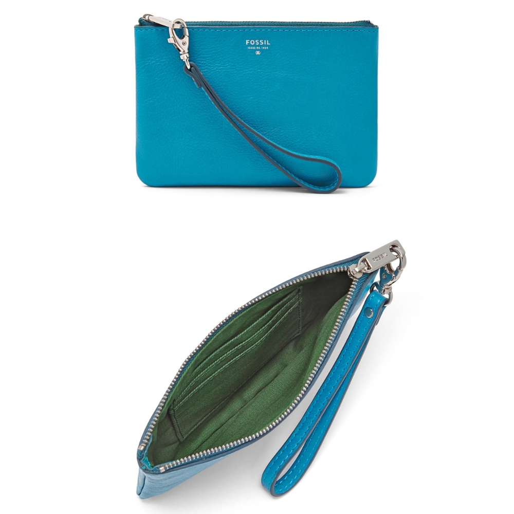 NWT FOSSIL Blue and Green Zip Pouch Wristlet Purse